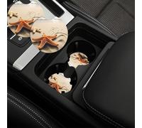 Confezione da 2 sottobicchieri per auto da 6,9 cm, con inserto universale per auto, con tacca per le dita, sottobicchiere antiscivolo per bevande, stella marina sulla sabbia sulla spiaggia, paesaggio