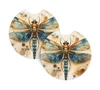Confezione da 2 sottobicchieri per portabicchieri da auto, motivo libellula dorata su sfondo giallo, 6,9 cm, con tacca per le dita, per donne e uomini