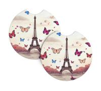 Confezione da 2 sottobicchieri per portabicchieri romantici Parigi farfalla Eiffel per auto 6,9 cm in neoprene antiscivolo tappetino universale per interni auto accessori per interni auto per donne