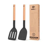 Confezione da 2 spatole da cucina in silicone, resistenti al calore, spatole scanalate antiaderenti con manico corto in legno, cuocere, capovolgere e girare