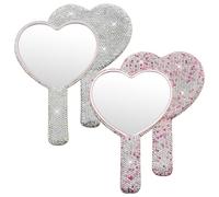 Confezione da 2 specchi per trucco a forma di cuore, 16 x 10 cm, design con strass di cristallo con manico (argento)