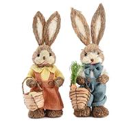 Confezione da 2 Statue di Coniglio di Paglia di Pasqua, Statua di Coppia di Conigli di Pasqua, Figurine di Coniglietto di Paglia di Pasqua, Ornamenti da Tavolo di Coniglietto di Sisal Intrecciato a(F)
