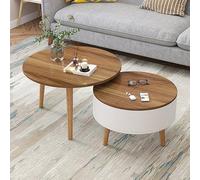 Confezione da 2 tavolini rotondi impilabili in legno con piano ribaltabile, piccolo scomparto nascosto per soggiorno o piccoli spazi (70 cm, marrone scuro/bianco)