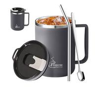 Confezione da 2 tazze da caffè isolate con manico e coperchio, 430 ml, in acciaio inox, con cannuccia e cucchiaio, tazza in metallo isolante sottovuoto (grigio scuro)