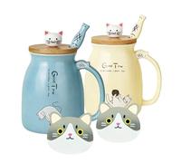 Confezione da 2 tazze graziose con gatto in ceramica, set da 2 con coperchio in bambù e cucchiaino, novità tazzine per caffè, latte e tè con design gatto, tazze per amanti dei gatti, per donne (Blu e