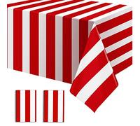 Confezione da 2 tovaglie a righe rosse e bianche, 137 x 274 cm, impermeabili, usa e getta, in plastica, rettangolari, per compleanni, Natale, carnevale, feste a tema circo