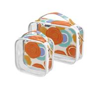 Confezione da 2 trasparenti arancioni rotondi astratti da appendere da viaggio da viaggio approvati TSA piccola borsa cosmetica da viaggio essenziale, arancione rotondo modello astratto, arancio