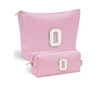 Confezione da 2 trousse per il trucco con lettera 0 - VivaJoy - Borse per il trucco personalizzate da donna, in ciniglia a righe rosa, grande borsa per cosmetici e piccola borsa portatile per il