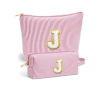Confezione da 2 trousse per il trucco con lettera J - VivaJoy - Borse per il trucco personalizzate da donna, in ciniglia a righe rosa, grande borsa per cosmetici e piccola borsa portatile per il