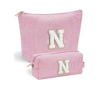 Confezione da 2 trousse per il trucco con lettera N - VivaJoy - Borse per il trucco personalizzate da donna, in ciniglia a righe rosa, grande borsa per cosmetici e piccola borsa portatile per il