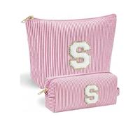 Confezione da 2 trousse per il trucco con lettera S - VivaJoy - Borse per il trucco personalizzate da donna, in ciniglia a righe rosa, grande borsa per cosmetici e piccola borsa portatile per il