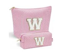 Confezione da 2 trousse per il trucco con lettera W - VivaJoy - Borse per il trucco personalizzate da donna, in ciniglia a righe rosa, grande borsa per cosmetici e piccola borsa portatile per il