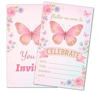 Confezione da 20 inviti per feste di compleanno per ragazze, biglietti di invito a farfalla per baby shower, decorazioni per matrimoni, rosa, 15 x 9 cm, grandi dimensioni con spazio informazioni per