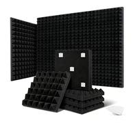 Confezione da 24 pannelli acustici in schiuma fonoassorbente ignifuga, riduce l'eco e il rumore in studi di registrazione e home theatre, con 120 adesivi biadesivi (piramide)