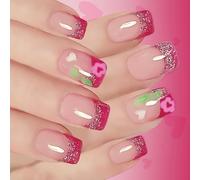 Confezione da 24 pezzi per San Valentino French Styles Glitters Heart Short Press on Nails Shining Blush Flame Design Falso ABS Materiali Facile da applicare Diverse Dimensioni Design Cuore
