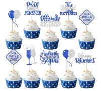 Confezione da 24 topper per cupcake con scritta "Happy Retirement" Out Of Office Forever No Work Zone, The Lagend has Retirement, decorazioni per torte per feste ufficialmente in pensione, blu argento