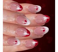 Confezione da 24 unghie artificiali glitterate a forma di cuore con punta francese, rosse e bianche, per San Valentino, facili da applicare, per appuntamenti notturni, unghie finte francesi