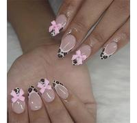 Confezione da 24 Unghie Artificiali Leopardo Fiocchi Francesi Stella Blu Design Chiodi Lucidi Da Imposta Per Feste Musiche Festival Ragazze Nail Art