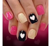 Confezione da 24 unghie artificiali per San Valentino, manicure a forma di cuore, unghie finte corte, facili da applicare, per San Valentino, con glitter, motivo fiamma e cuore