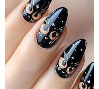Confezione da 24 unghie finte a pressione con gatti neri, lunghezza media, lucide, a forma di mandorla, per manicure e artigianato
