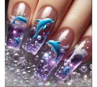 Confezione da 24 unghie finte blu ghiaccio delfini traslucidi, quadrate, lunghezza media, in ABS, set per manicure per feste in ABS amichevoli
