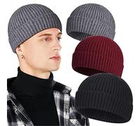 Confezione da 3 Berretti da Uomo in Lana, a Maglia Corta, con Risvolto, Cappelli a Trawler - Grigio - Taglia Unica