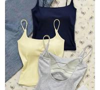 Confezione da 3 canotte a costine con reggiseno imbottito integrato in blu reale, grigio melange e giallo crema - canotte casual e versatili per l'estate e tutto l'anno, stile carino e morbido da raga