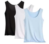 Confezione da 3 canottiere da donna, Camisole e gilet, senza maniche, estive, scollo rotondo, in seta fredda, comode, sportive, yoga, allenamento, tunica, cami, tinta unita
