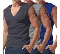 Confezione da 3 canottiere da uomo senza maniche con scollo a V, per allenamento, palestra, bodybuilding, vestibilità muscolare, magliette estive, Grigio+grigio+blu, XXL