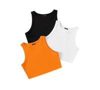 Confezione da 3 canottiere eleganti senza maniche a costine con scollo rotondo da donna e top corto occidentale, nero, bianco, arancione, 40