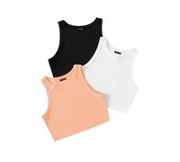 Confezione da 3 canottiere eleganti senza maniche a costine con scollo rotondo da donna e top corto occidentale, nero, bianco, arancione chiaro, 44