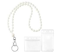 Confezione da 3 cordini bianchi con perle per badge e chiavi - Cordino acrilico lungo 61 cm con perle artificiali e 2 porta badge - Graziosi cordini per insegnanti