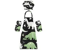 Confezione da 3 costumi da chef per bambini, comodi dinosauri dei cartoni animati, sfondo nero, grembiule regolabile con tasche, per bambini dai 3 ai 12 anni, Dinosauri cartone animato sfondo nero, S