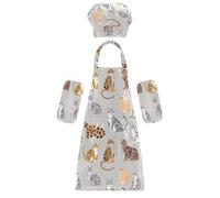 Confezione da 3 costumi da chef per bambini, simpatici e divertenti bengalcati, grigio, per bambini, set di grembiule e cappello da chef, per cucinare e cuocere al forno, 3-12 anni, Divertente