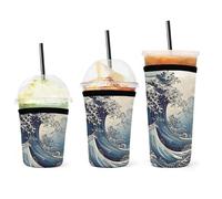 Confezione da 3 custodie per tazze da caffè, motivo a onde blu, riutilizzabili, in neoprene, durevoli, lavabili, per bevande fredde e calde