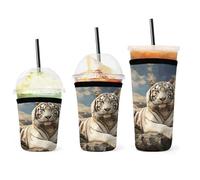 Confezione da 3 custodie per tazze da caffè, motivo tigre su una stampa a roccia, riutilizzabili, in neoprene, durevoli, lavabili, per bevande fredde e calde