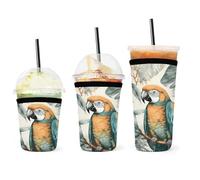 Confezione da 3 custodie per tazze da caffè, motivo uccelli nella giungla, riutilizzabili, in neoprene, durevoli, lavabili, per bevande fredde e calde