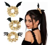 Confezione da 3 elastici per capelli con ali di pipistrello, color oro metallizzato, per Halloween, cosplay, feste in costume