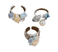 Confezione da 3 gioielli da spiaggia per le donne-anelli con conchiglia retrò con accenti acquamarina naturale, accessori per le vacanze a tema oceano Boho, anelli regolabili ispirati al mare