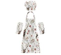 Confezione da 3 grembiuli da chef regolabili estetici con alce e fiori, con tasche, per bambini dai 3 ai 12 anni, Alce estetico e fiori bianchi, S