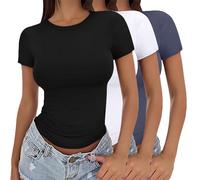 Confezione da 3 magliette a maniche corte da donna a girocollo t-shirt basic elasticizzata aderente estiva crop top slim fit Y2K camicetta base comoda doppia fodera top elasticizzato stretto crop