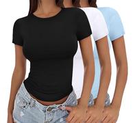 Confezione da 3 magliette a maniche corte da donna a girocollo t-shirt basic elasticizzata aderente estiva crop top slim fit Y2K camicetta base comoda doppia fodera top elasticizzato stretto crop