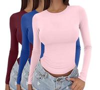 Confezione da 3 magliette a maniche lunghe da donna, eleganti T-shirt Y2K, slim fit, top basic, con scollo tondo, per il layering, leggero T-shirt termico, tinta unita, blusa per yoga e sport, h, XL