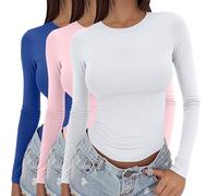 Confezione da 3 magliette a maniche lunghe da donna, eleganti, Y2K, slim fit, top, elasticizzate, scollo rotondo, basic layering, maglietta termica leggera, tinta unita, per yoga, sport, c, XS