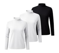 Confezione da 3 magliette a maniche lunghe da donna, maglietta da donna con collo a giro e scollo a V tinta unita - maglione da donna con collo alto in morbido cotone, maglietta da donna con scollo a