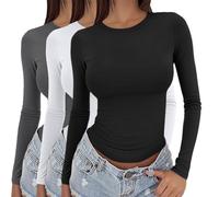 Confezione da 3 magliette a maniche lunghe da donna Y2k base per stratificazione, sottovesti aderenti termiche, magliette slim fit da indossare fuori, girocollo, vestibilità elasticizzata, 3 pezzi