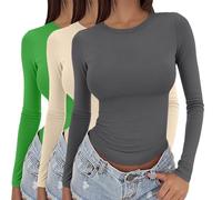 Confezione da 3 magliette a maniche lunghe da donna Y2k base per stratificazione, sottovesti aderenti termiche, magliette slim fit da indossare fuori, girocollo, vestibilità elasticizzata, 3 pezzi