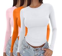 Confezione da 3 magliette a maniche lunghe da donna Y2k basic a strati strette termiche aderenti magliette aderenti per uscire magliette girocollo stretch fit estetico streetwear 3 pezzi t-shirt tinta