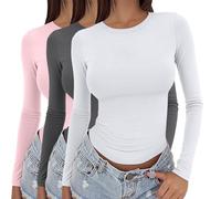 Confezione da 3 magliette a maniche lunghe da donna Y2k basic a strati strette termiche aderenti magliette aderenti per uscire magliette girocollo stretch fit estetico streetwear 3 pezzi t-shirt tinta