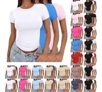 Confezione da 3 magliette da donna a maniche corte, girocollo, basic, t-shirt elasticizzata, aderente, top corto estivo, vestibilità slim, Y2K, blusa basica, comoda, doppie fodere, top aderente, corto
